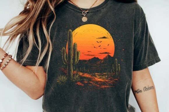 Download Vintage Desert Sunset Cactus Mountain Retro Graphic T-Shirt Design Png - Premium Resources